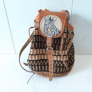 Backpack Purse Leather & Straw Made In Kenya Bohemian Y2K